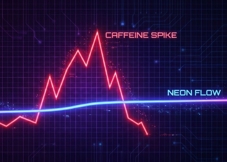 Neon graph with 'Caffeine Spike' and 'Neon Flow' text on a dark grid background