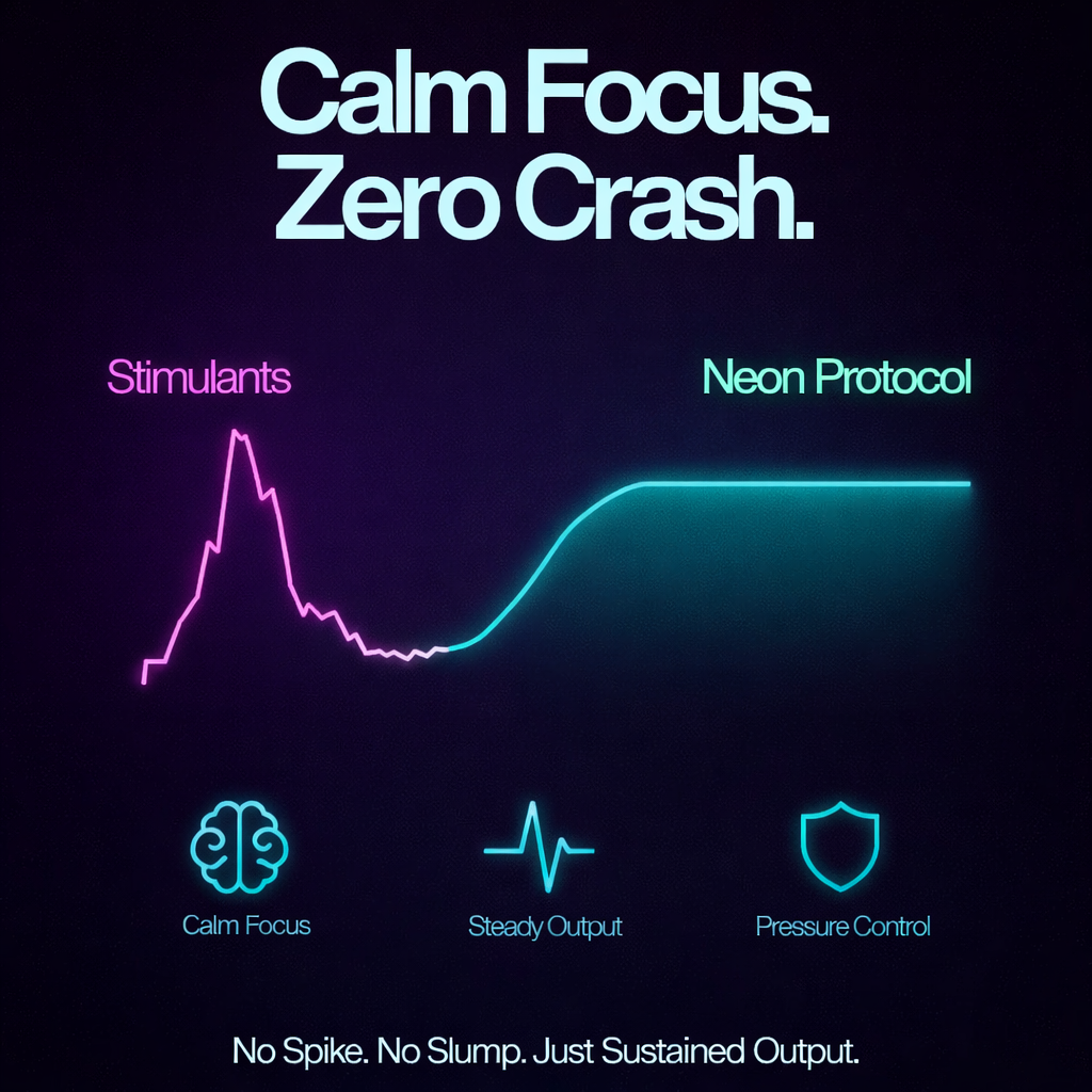 Neon Protocol advertisement with graphs and text on a dark background. Focus, Immunity, Stress resilience