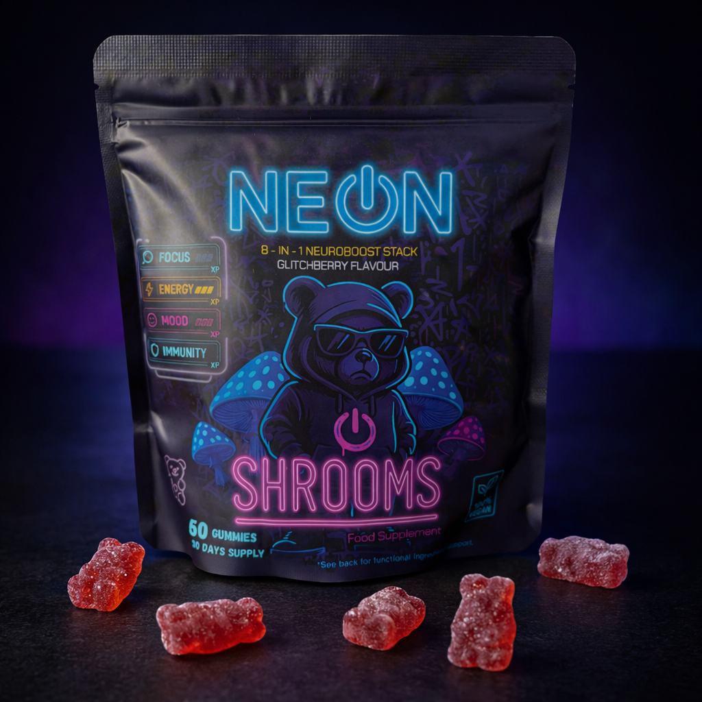 Neon Shrooms supplement package with gummy bears on a dark background