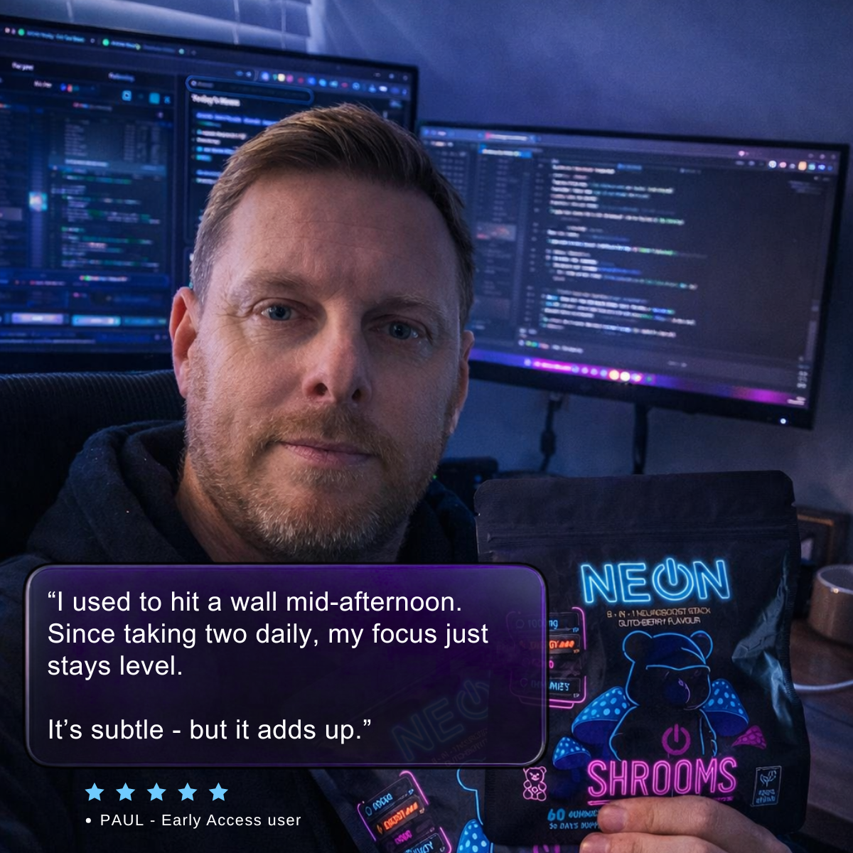 Man holding a bag of 'Neon Shrooms' with text about improved focus.