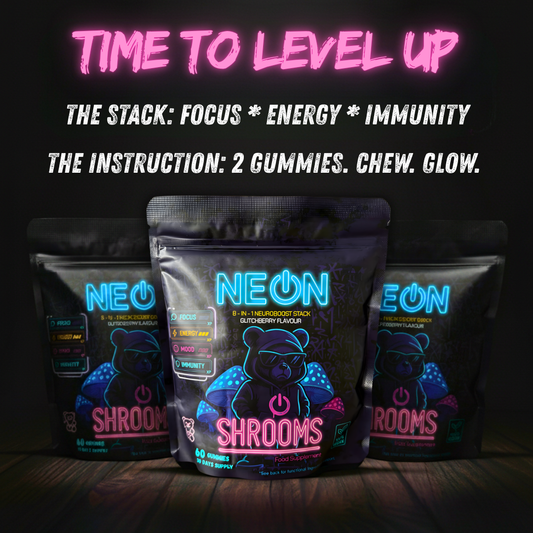 NEON SHROOMS: 8-in-1 Mushroom Gummies for Focus, Energy & Stress Relief | Lion’s Mane, Reishi, Chaga + Ashwagandha | Vegan, Gluten-Free | 30 Day Supply